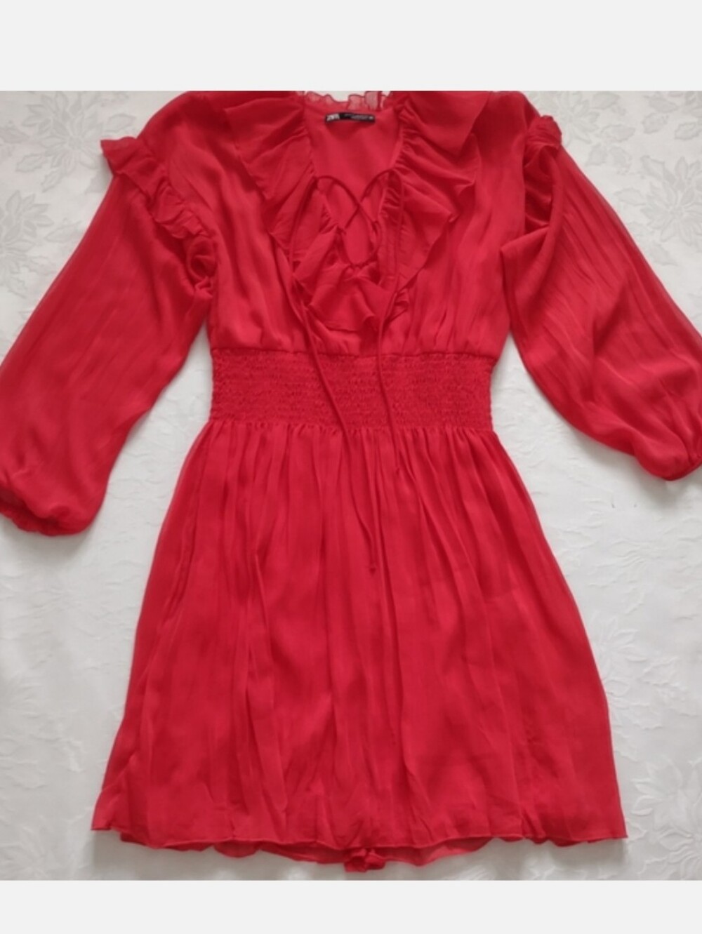 Zara ruffles smocked waist long sleeves red dress Holiday Red